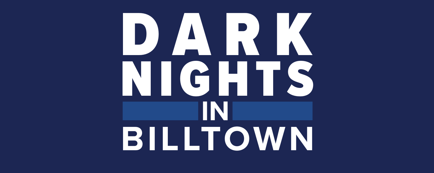 Dark Nights in Billtown printed in white on a dark blue background