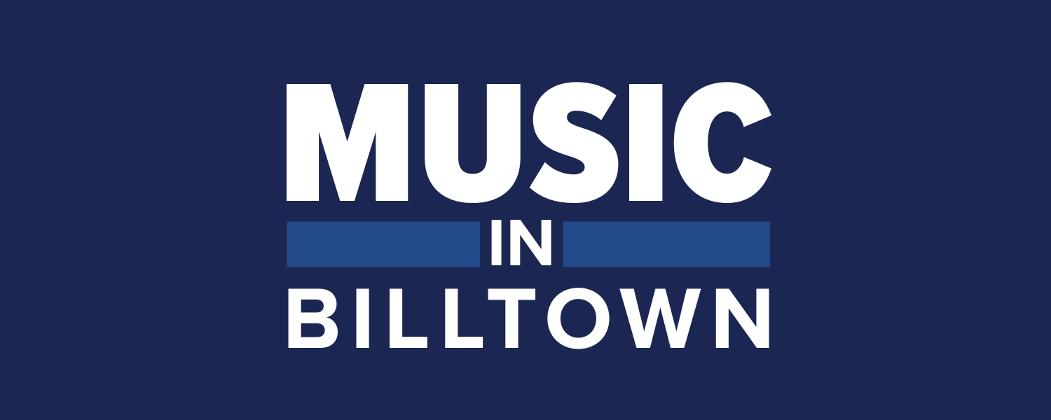 Music in Billtown against a blue background