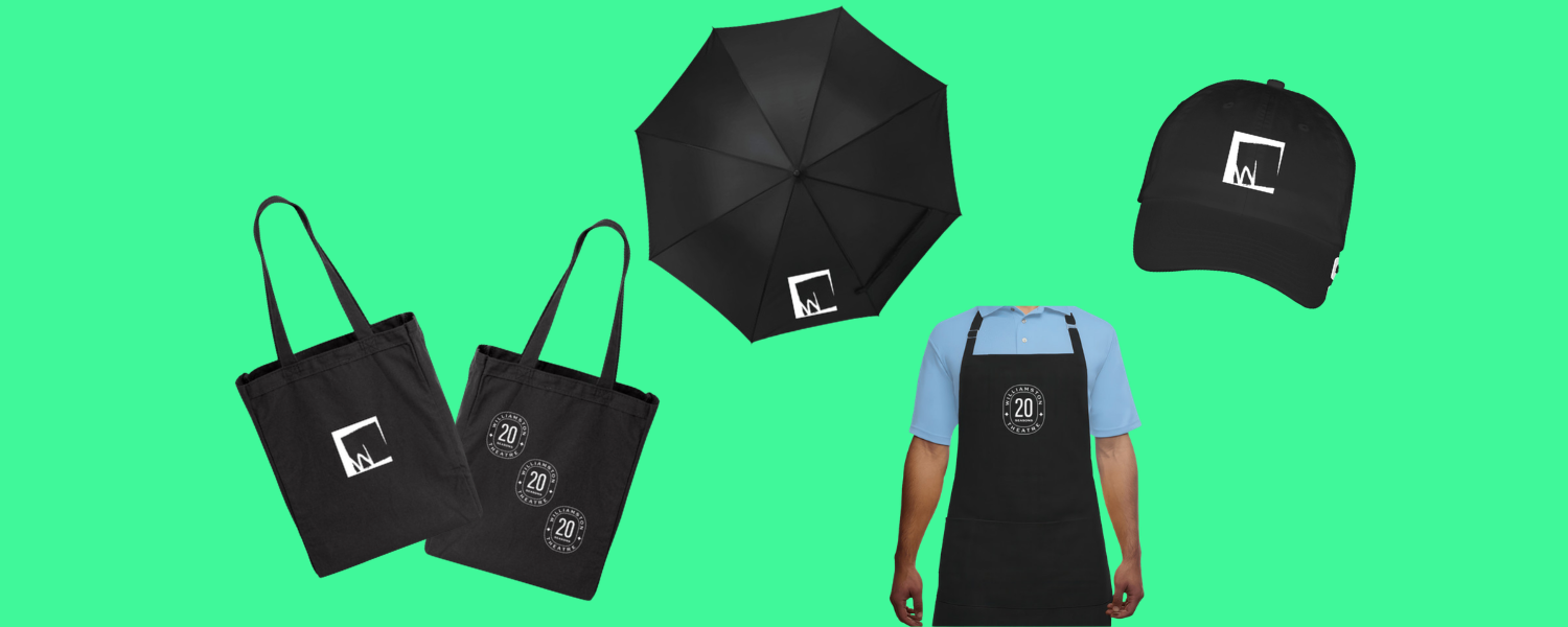 Pictures of a tote bag, a ball cap, an umbrella, and an apron with the WT logo on them.
