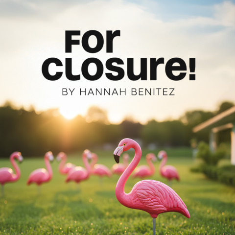 Photo of pink plastic flamingos on a green lawn with the sun shining and the words For Closure! by Hannah Benitez