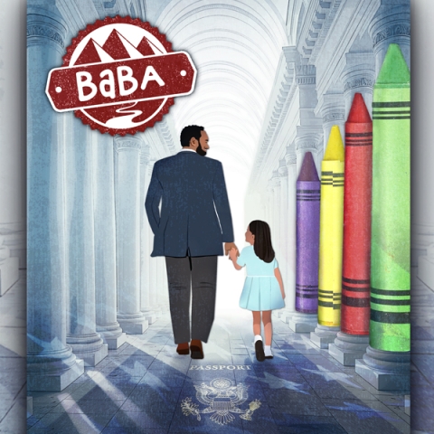 A father and daughter walking away from the viewer holding hands, with the word BABA in the upper left corner