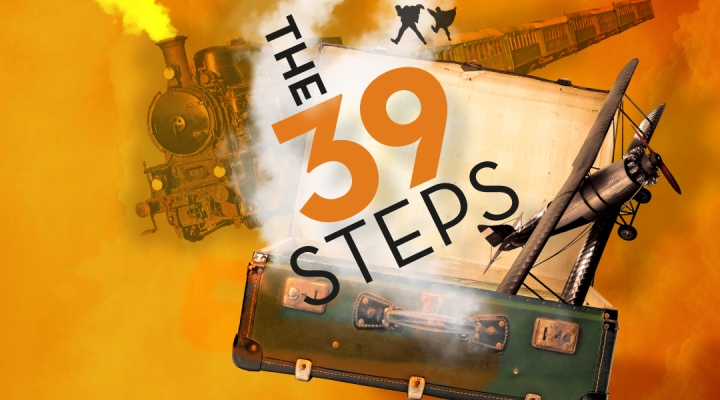 The 39 Steps on an orange background with a train and a suitcase