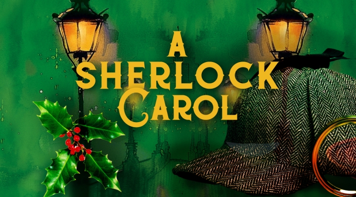 A Sherlock Carol printed on a green background with street lamps