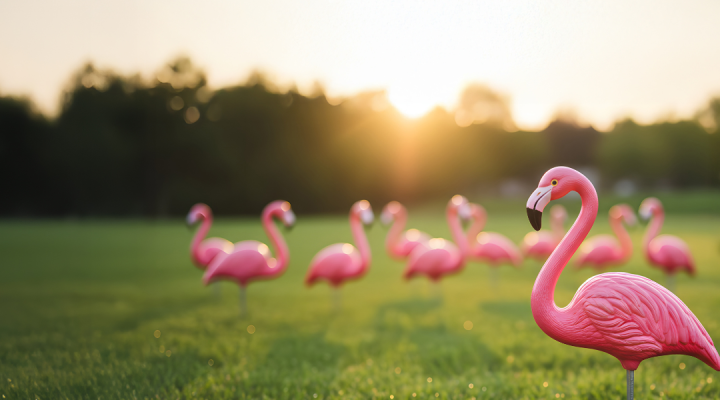 Photo of pink flamingos on a green lawn with the sun setting in the background